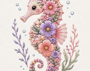 花柄のタツノオトシゴの刺繍デザイン、パステルカラーの海の刺繍ファイル、海岸の花柄のタツノオトシゴのミシン刺繍パターン、かわいいビーチステッチアート