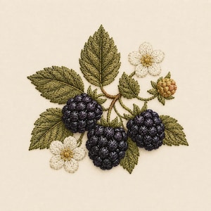 May include: A detailed embroidery design featuring three dark purple blackberries, one small light brown unripe berry, and two white flowers with yellow centers, all surrounded by textured green leaves on a plain off-white fabric background.