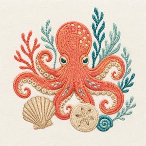 Könnte beinhalten: Ein gesticktes Motiv mit einem zentralen orangefarbenen Oktopus mit cremefarbenen Saugnäpfen, umgeben von blaugrünen und korallenfarbenen Algen, einer beigen Jakobsmuschel, einem Sanddollar und einer kleinen blaugrünen Spiralschnecke auf cremefarbenem Stoff.