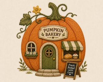 Pumpkin Bakery Embroidery Design, Cozy Autumn Pumpkin House Machine Embroidery File, Fall Cottage Bakery Stitch Pattern
