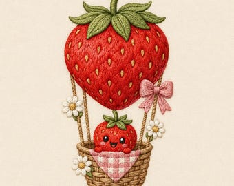 Strawberry Hot Air Balloon Embroidery Design, Cute Kawaii Fruit Basket Machine Embroidery File, Digital Download