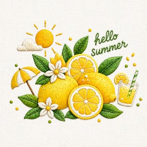 Può includere: Design ricamato con limoni, fette di limone, foglie verdi e fiori bianchi. Sono inclusi anche un sole giallo, un piccolo ombrello e un bicchiere di limonata. Il testo "hello summer" è scritto in verde.