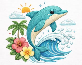 Dolphin Embroidery Design, Summer Beach Embroidery File, Tropical Ocean Wave, Cute Dolphin Satin Stitch, Instant Download PES DST EXP