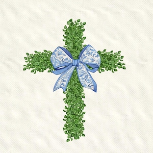 May include: A green cross design with a blue bow. The cross is made of green leaves, and the bow has a white and blue floral pattern. The background is a light cream color.