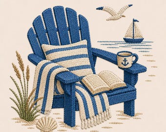 Coastal Adirondack Chair Embroidery Design, Beach Chair Machine Embroidery File, Nautical Summer Decor, Seaside Machine Embroidery Download