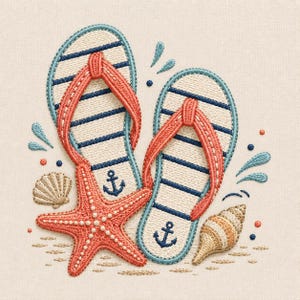 Può includere: Un disegno ricamato raffigurante un paio di infradito con strisce orizzontali color crema e blu navy, cinturini color corallo e una piccola icona di ancora blu navy su ogni suola, accompagnato da una stella marina corallo e due conchiglie.