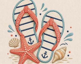 ビーチサンダル刺繍デザイン、夏用サンダル刺繍ファイル、海岸のヒトデ模様、機械刺繍PES DST