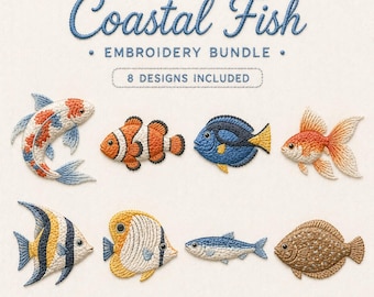 沿岸の魚の刺繍バンドル、8種類の魚のデザイン、鯉、クマノミ、金魚、海の生き物の刺繍ファイル、かわいい海の生き物 PES DST EXP、サテンステッチ