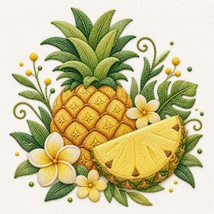 May include: Embroidered pineapple with a slice, surrounded by green leaves and white and yellow flowers. The pineapple is yellow with a textured surface, and the leaves are green. The flowers have yellow centers.