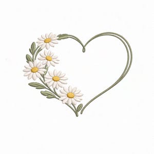 May include: A heart-shaped design with a floral motif. The design features a double-lined outline in a muted green color. White daisies with yellow centers and green leaves are arranged along the left side of the heart, creating a delicate and natural aesthetic.