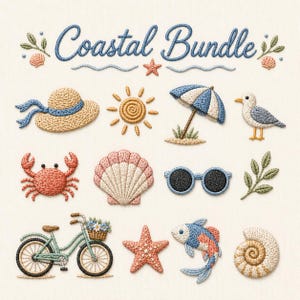 Può includere: Design ricamato "Coastal Bundle" con elementi a tema spiaggia. Include un cappello da sole, sole, ombrellone, gabbiano, granchio, conchiglia, occhiali da sole, rametto, bicicletta, stella marina, pesce e una conchiglia a spirale. Il testo "Coastal Bundle" è blu.