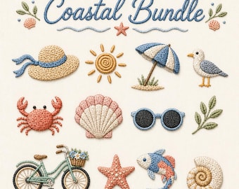 Beach Embroidery Bundle, Coastal Summer Embroidery Designs, Seashell Starfish Crab Sunglasses, Cute Ocean Icons Set, Satin Stitch PES Files