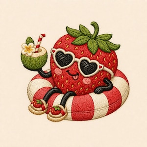 Puede incluir: Un parche bordado que muestra una fresa roja con gafas de sol en forma de corazón, sentada en un flotador a rayas rojas y blancas. La fresa sostiene una bebida de coco verde con una flor y una pajita a rayas rojas y blancas.