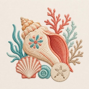 May include: An embroidery design featuring a large beige conch shell with a teal floral accent, surrounded by a smaller fan-shaped shell, a sand dollar, and various coral-like structures in shades of coral, teal, and light brown on fabric.