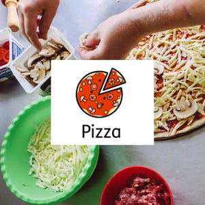 May include: A pizza preparation scene featuring raw dough topped with tomato sauce, shredded cheese, and sliced mushrooms. A green bowl contains shredded cheese, a red bowl holds ground meat, and a red rolling pin sits nearby.