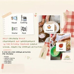 May include: A visual cooking starter pack for children featuring text that reads Help children build confidence and independence in the kitchen through simple visual, hands on cooking activities, 5 step-by-step cooking activities for children: pizza, cheesy pasta, sandwiches, pancakes, cupcakes, and images of cupcakes and pizza.
