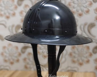 Metal Medieval Kettle Hat Helmet Black Finish With Leather Inner Liner