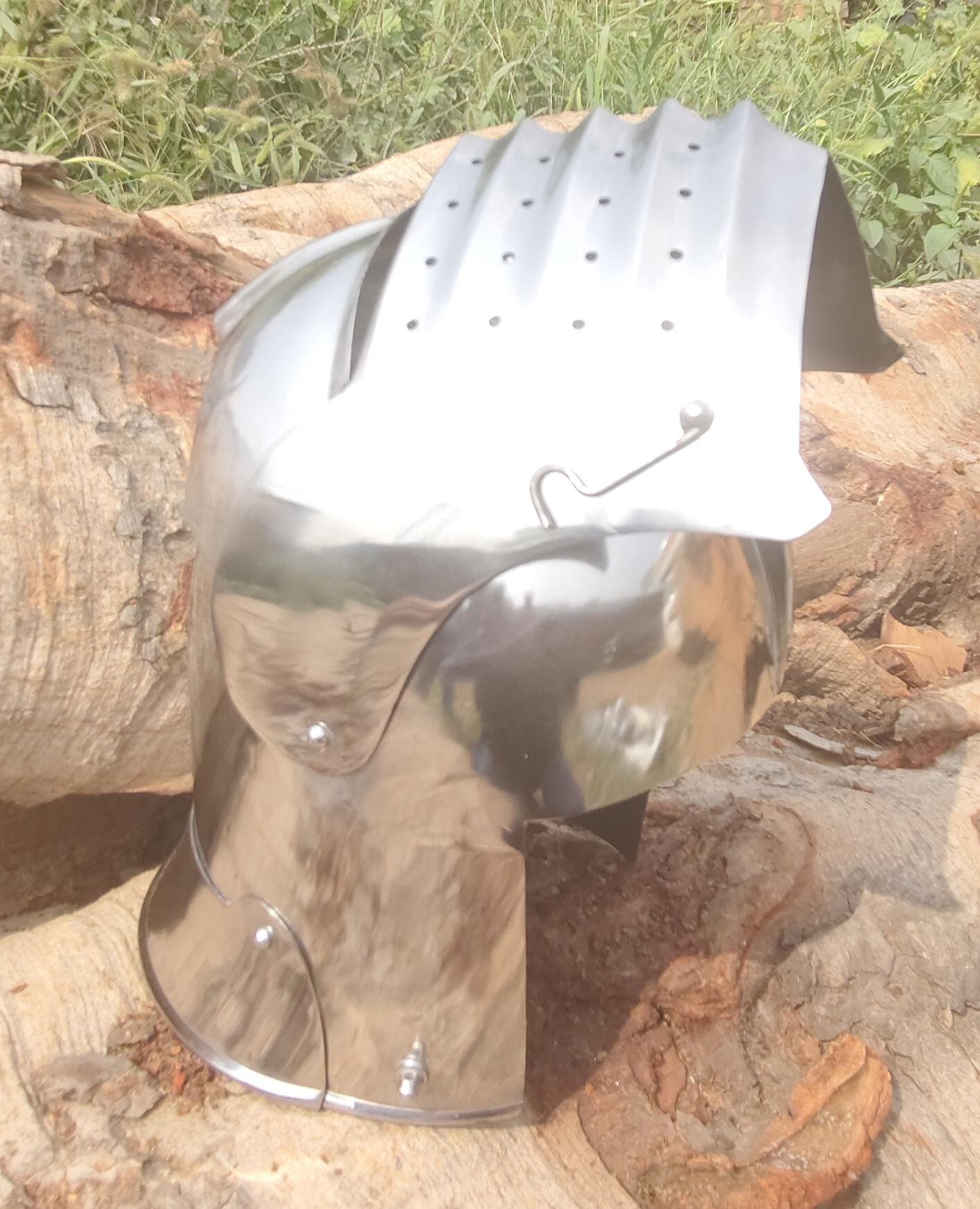 SCA LARP Casco Medieval Alemán Plateado | Acero Calibre 18, Tamaño 9x8x26 Pulgadas, Ideal Para Halloween, Recreaciones Históricas Y Juegos De Rol