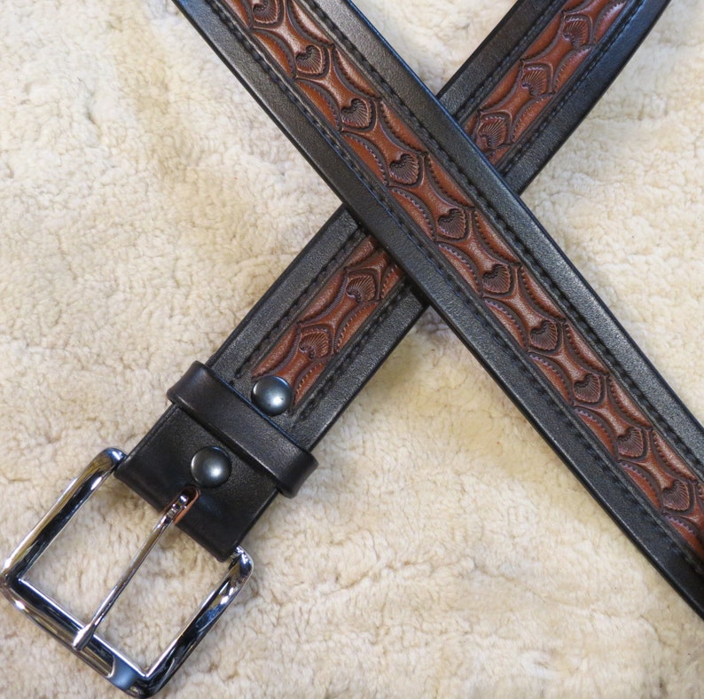 Hand-tooled Leather Belt B30106, Your choice of colors Free Shipping inside the USA Light Brown & Black