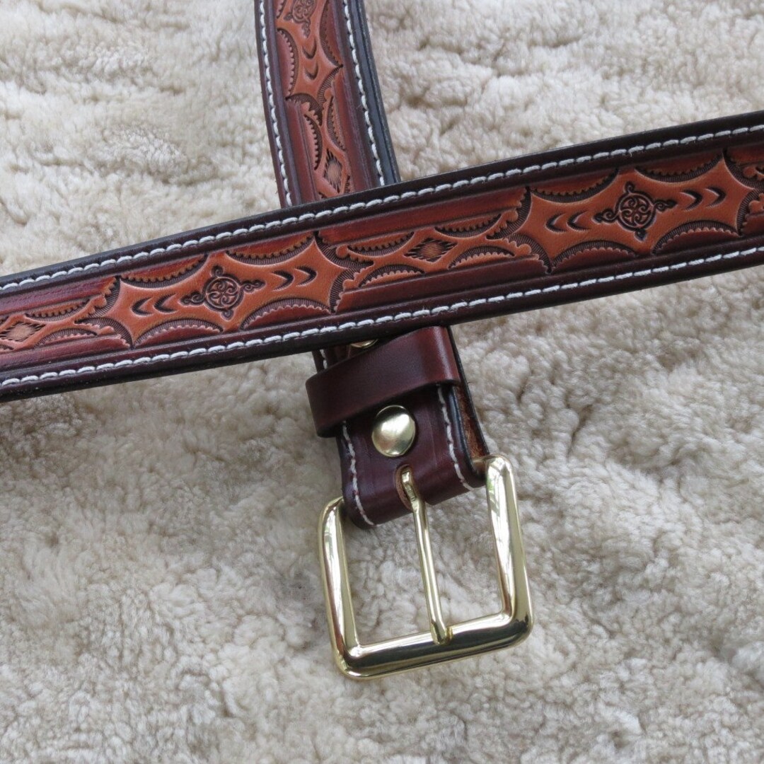 Hand-tooled Heavy Leather Belt B23013S Nylon-stitched Snap-on Solid ...