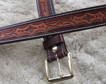 Hand-tooled Heavy Leather Belt - B23013S - Nylon-Stitched - Snap-on Solid Brass buckle.  Ships Free inside the USA