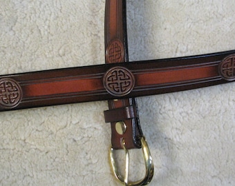 Hand tooled Leather Belt - B11084 - in Tan and Brown - Made-To-Order - Ships FREE to US addresses