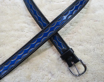 Hand tooled Leather Belt - B10101 - in Blue and Black OR your choice of colors - Made-To-Order - Ships FREE to US addresses