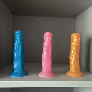 Puede incluir: Tres objetos esculpidos de colores vibrantes se exhiben en una estantería. Los objetos son azul claro, rosa y naranja. Cada uno tiene una base y una forma alargada y texturizada. La estantería es blanca y el fondo es gris neutro.