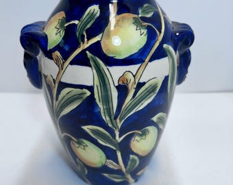 Italian Majolica Vase, Deep Navy Background, Olives and Branches, Two Handles with Gorgon- like Faces