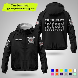 May include: Black hooded jacket with white lining, featuring "YOUR CITY FIRE DEPARTMENT" text on the back. The front displays "YOUR NAME" and a fire department emblem. Includes a customizable area for logos and flags.