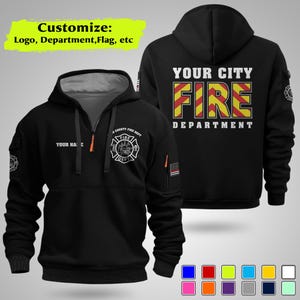 May include: Black zip-up hoodie with "YOUR CITY FIRE DEPARTMENT" printed on the back in white, yellow and red. The front features a fire department logo and the text "YOUR NAME". Includes a small American flag patch.