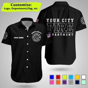 May include: Black short-sleeved shirt with white text and graphics. The front has "YOUR NAME" and a fire department emblem. The back displays "YOUR CITY FIRE DEPARTMENT". The shirt is customisable with logos and flags.