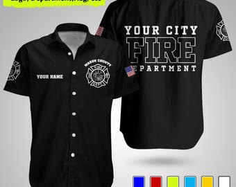 Custom Fire Department Shirt, Personalized Firefighter Button Up Shirt, Firefighter Uniform Shirt with Name City Logo, Fire Dept Gift