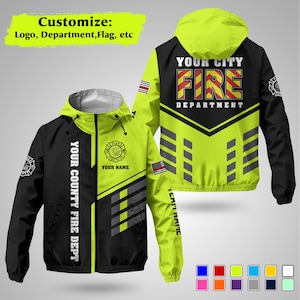 May include: A black and neon green firefighter jacket with the text "YOUR CITY FIRE DEPARTMENT" and "YOUR COUNTY FIRE DEPT". The jacket has a hood, zipper, and various patches and stripes. The text "YOUR NAME" is also visible.