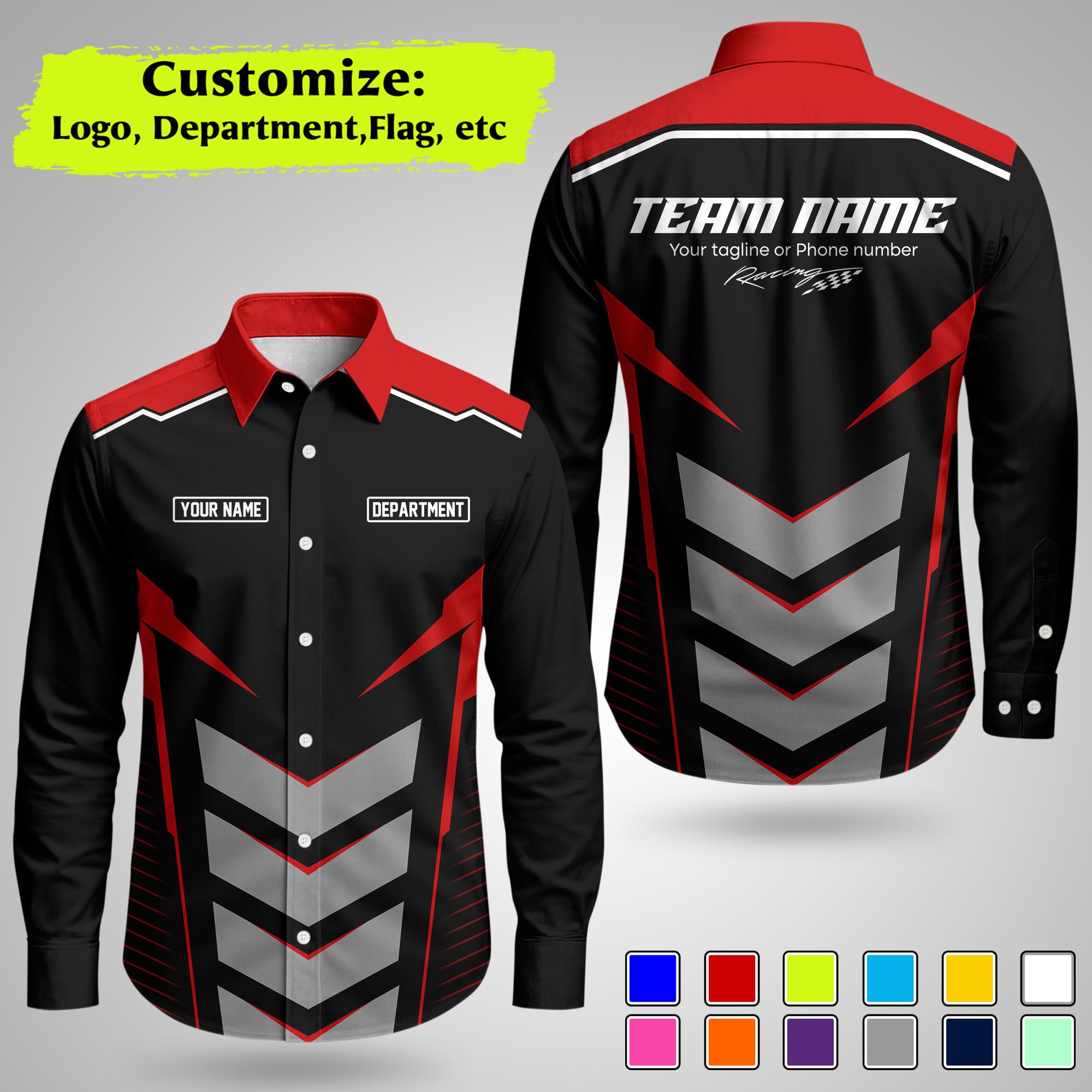 Custom Racing Long Sleeve Button Shirt With Logo & Text, Personalized ...