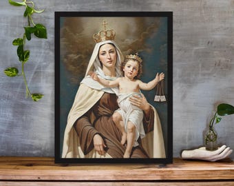 May include: A framed religious print depicts a woman wearing a crown and holding a child, both adorned with crowns. The woman wears a white veil and brown robes. The child is draped in white cloth. The artwork is set against a cloudy background.