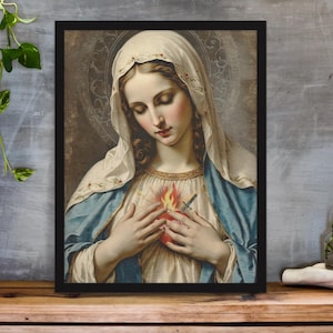 Immaculate Heart of Mary Canvas – Catholic Marian Art Print – Sacred Heart Wall Decor – Virgin Mary Devotional – Framed or Unframed