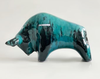 Mid Century Turquoise/ Cobalt Green Ceramic Bull - Otto Keramiek