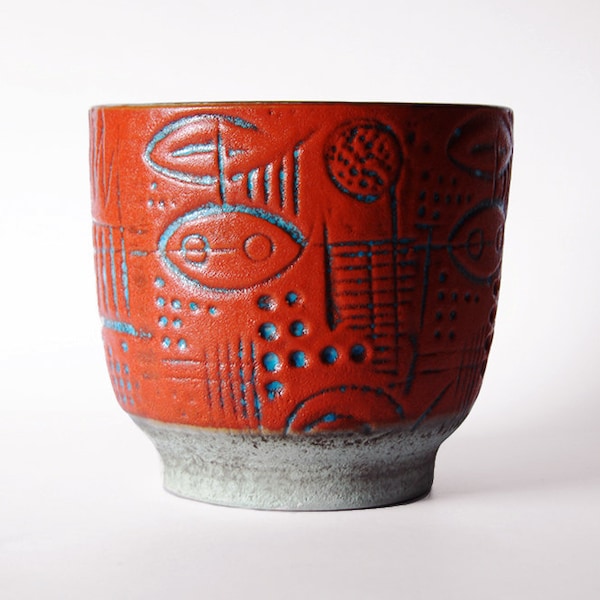 West German Large Very Rare Red Planter "Prehistoric Motif"  - Carstens 60s