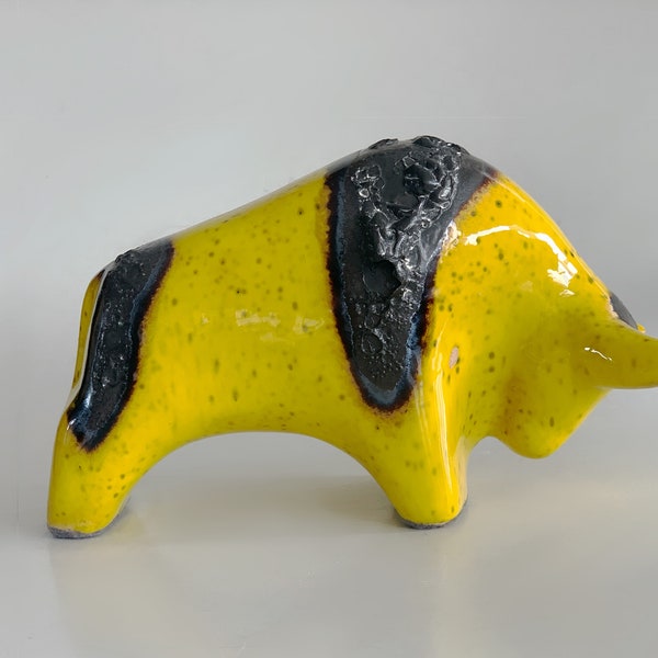 Mid- Century Yellow Black Lava Ceramic Bull - 60s Otto Keramiek