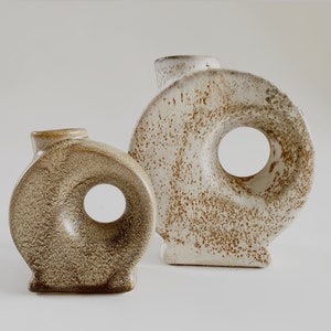 Modernist Set of Two Beige / Brown Round Dutch Vases   - Vest  Keramiek Gouda c.70s
