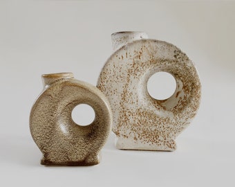 Modernist Set of Two Beige / Brown Round Dutch Vases   - Vest  Keramiek Gouda c.70s