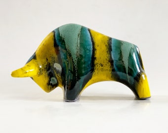 Mid Century Turquoise/Yellow Ceramic Bull - Otto Keramiek