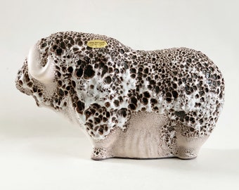 Rare Large Brown Beige Fat Lava Ceramic Bull - Ruscha