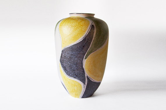 Vintage Xl Green Black Yellow Floor Vase Ueberlacker U C 50s Etsy