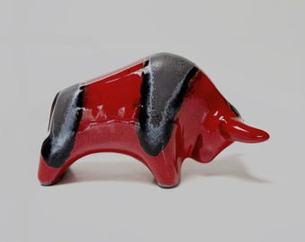 Mid- Century Red Black Lava Ceramic Bull - Otto Keramiek