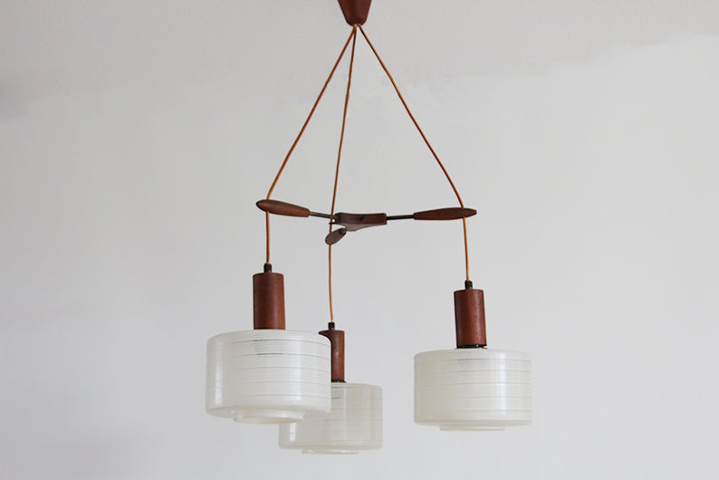 Mid Century Teak Glass Ceiling Lamp Three Pendants Louis Image 0