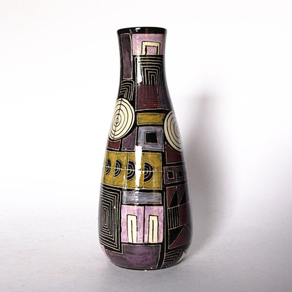 RESERVED Vintage Rare German Polychrome Geometric Vase Purple Oker  - Lu Klopfer  50s