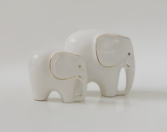 Vintage Set Of Two White Porcelain Elephants With Golden Details - 70s