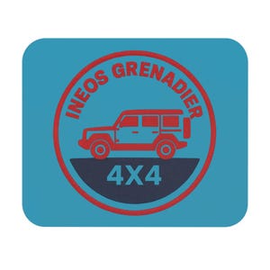 Puede incluir: Un gráfico cuadrado turquesa con un diseño circular rojo. Las palabras "INEOS GRENADIER" y una ilustración roja de un vehículo 4x4 están presentes. El texto "4X4" está en una pancarta azul oscuro.